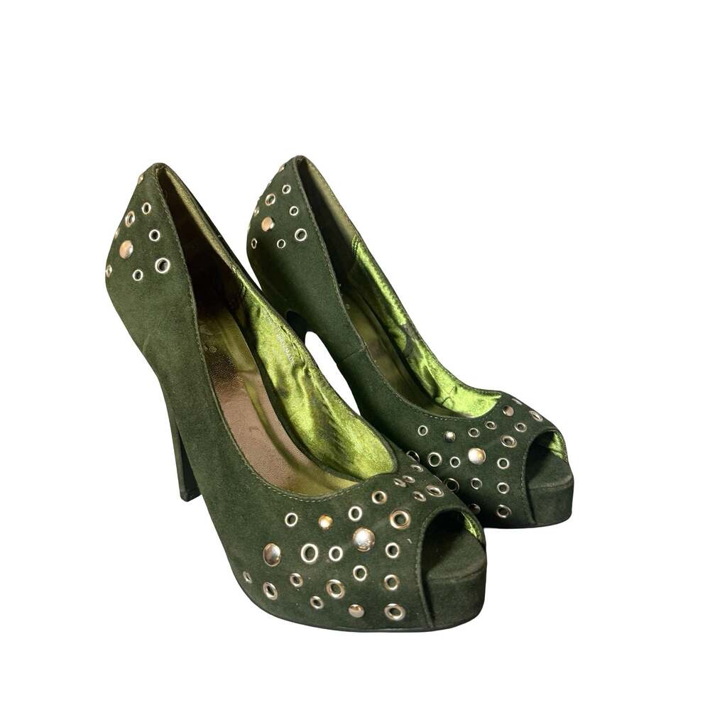 Mixx Shuz Women's Olive Green Suede Platform Peep Toe Studded Heels